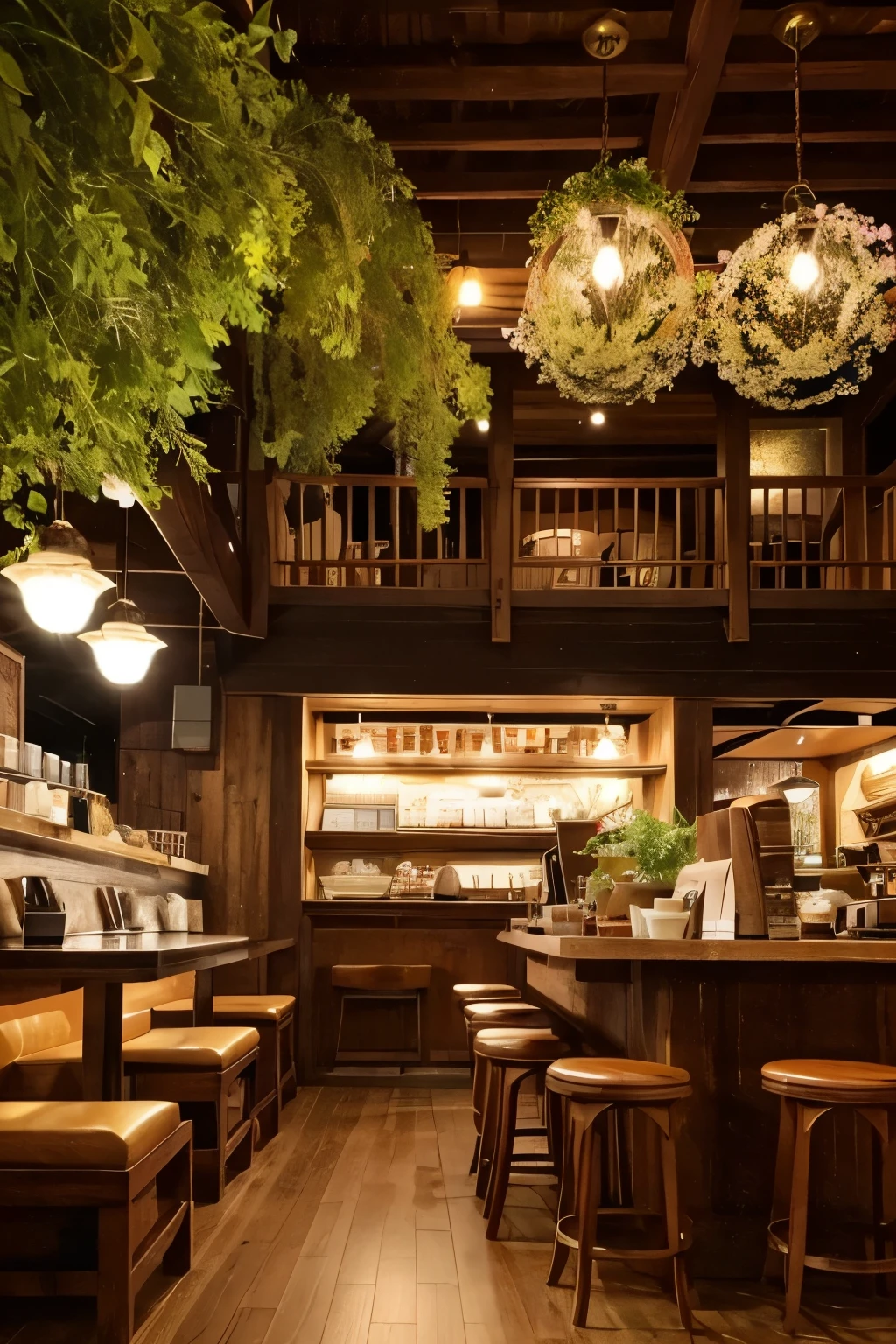 Western style、Retro Pure Cafe、 Retreat、Like a secret base、quietly、Foliage plant、Antique interior with rounded wood、calm down、A warm space、A relaxing space、Natural environment、Dried flowers hanging、The only man-made thing is the coffee shop、Antique lighting、There is no modern machinery、Only antique machines、nostalgic、There are no people、Nostalgic、