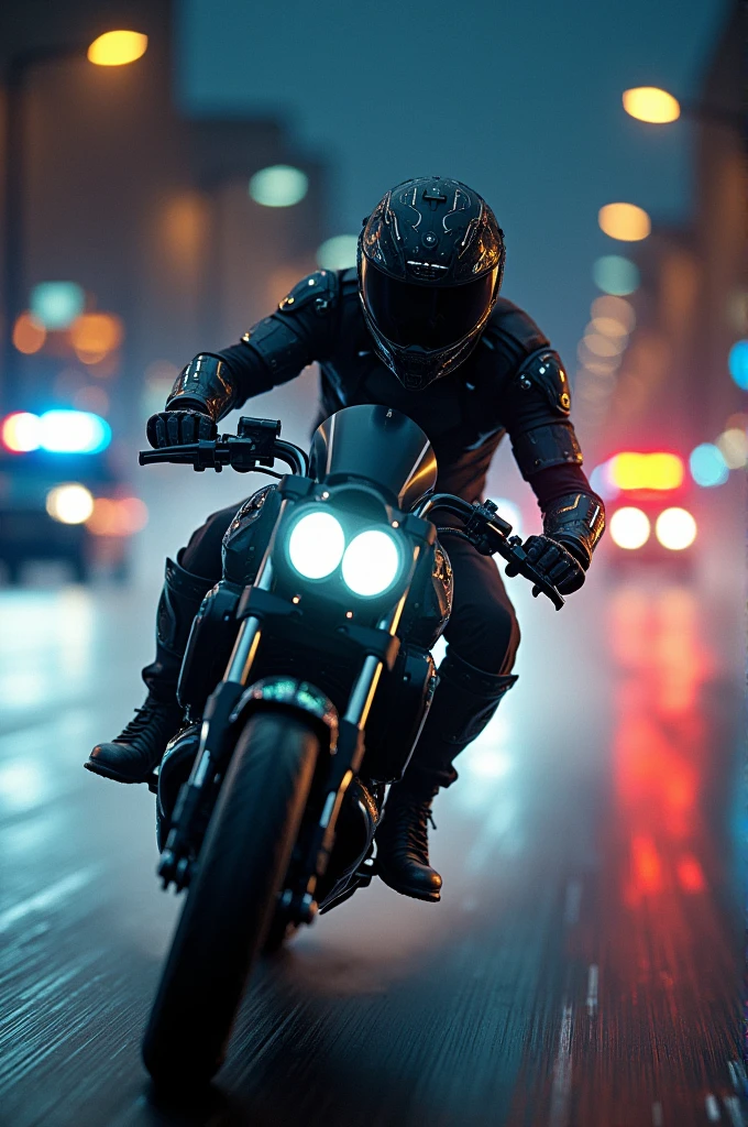 Generate biker image robotic escaping from police at night high speed big helmet effect on helmet