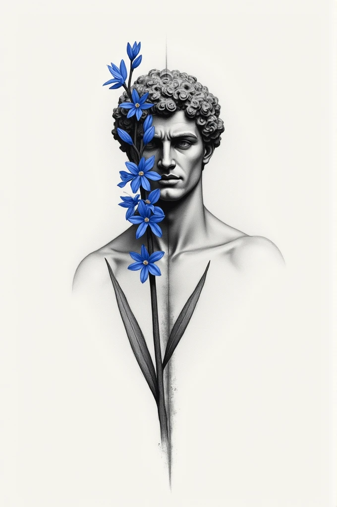 Create a minimalist tattoo design using charcoal technique of Apollo and blue hyacinth flower