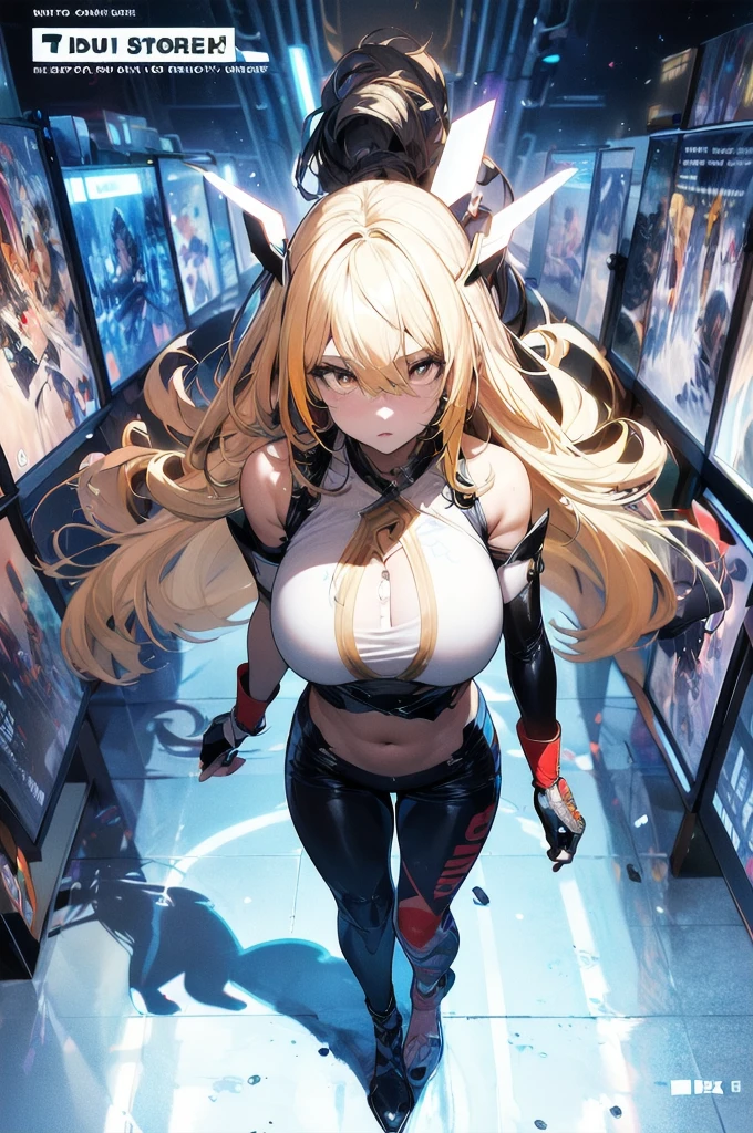 fund, mixed language_text, Japanese graffiti letters, gals, long blonde hair, Excellent lighting, side lighting, perfect ending (plain color: 1.3), (magazine_cover: 1.4),various attack positions (multicolor_fund: 1.3), striped_fund, card_fund, :: comix style by joe madureira :: circular pieces of white metals glued to the ultra-detailed arms emitting a sparkling glow, perfect and detailed, ultra detailed shirt with abstract design and Japanese graffiti lettering print on the sides of the garment, image of gals with big breast, on top of a futuristic motorcycle, with immersive effects, focus effect, fund graffiti style tribal tattoo with flowers and vibrant colors, "Ultra-HDR" detalhado e com focus effect, (work of art: 1.2, best qualityer), (beautiful eyes with finely detailed huge eyelashes: 1.2), , ((standing alone)), (finely detailed eyes and detailed face: 1.3), in various full-body attack poses, (cute fund: 1.2),Futuristic costume, super detailed circular metals clinging to the arms and pants, fantastic paintings