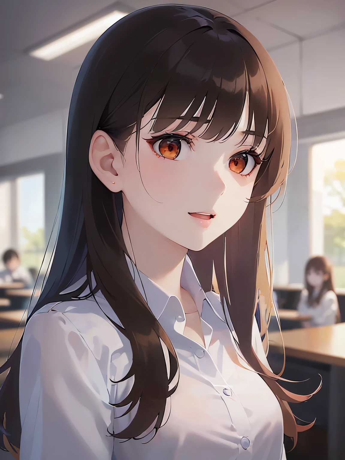 side angle,(looking away:1.5),Upper Body,
Realistic, real person, (pale skin: 1.2), RAW photo, photorealistic, shiny skin, shiny hair、
(A 2 woman with medium-length hair and bangs) and (wavy hair) and (brown hair) and (orange eyes) ,
(white collared shirts)
smile,open mouth,Standing office、(alone:1.5)