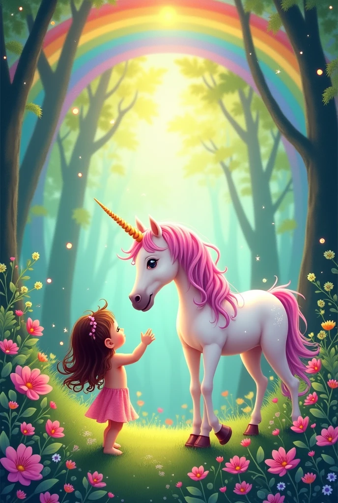 A drawing for a magical tale of a little baby, with long brown hair, who plays with a unicorn. May you have a rainbow and a forest full of colors