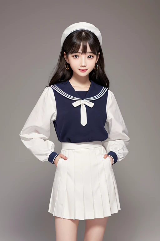 gender: Female
Age: Height at age 18: 160cm
somatotype: Skinny Skin Color: Bright pink hair color: Black Hair Length: Long hair up to the chest: straight、Slightly inward-curling face shape: Oval forehead width: Medium eyebrow shape: Thin and straight eyebrow color: Eye pupil shape: Big round eyes Eye color: Dark Brown Eyelashes: Long, curly nose shape: small、Slightly upward-facing mouth shape: smallて可愛らしい形
唇の色: Pale pink teeth: small、Well-formed white teeth and jaw shape: Small, rounded jaw and ear shape: small、Earlobe is slightly thick Mole: Small mole under left eye Facial features: Gentle cheek line and skin texture: Soft and fluffy skin look: A bright and cute smile, the color of the sailor uniform: Navy blue and white sailor suit collar: Navy blue sailor collar with white lines and ribbon: Red ribbon sailor suit sleeve: Short、Sailor skirt with white lines: Navy blue pleated skirt Skirt length: Knee boots: black loafer socks: White Crew Socks Accessories: Small gold earrings posture: A straight posture and detailed facial expressions: With a smile、The eyes are slightly narrowed: Characteristics of a lively and bright voice: High-pitched, cute voice（Voice quality image）
hobby: I am a hard worker and often go to the library.（Having a book etc.）
background: School classroom or playground posture angle: Front facing hair accessory: Small ribbon-shaped hairpin（Right side）
action: Hands clasped together in greeting: smallて細い指
手の位置: Ornaments placed around the waist: A simple ring on the pinky finger of the right hand.: A slightly embarrassed expression Eyelash color: Black hair gloss: Shiny and healthy hair quality Seasonal: Early Spring Outfit、A scene where soft light shines in