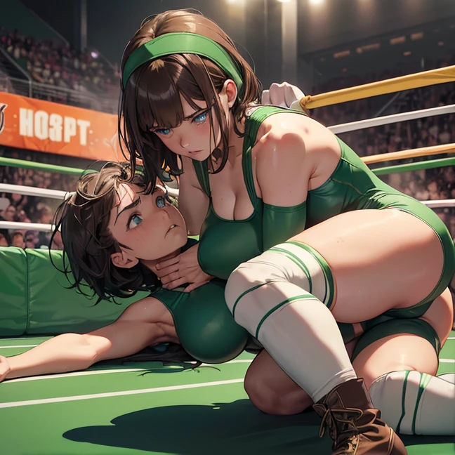 Master piece, best high quality image, carefully detailed details and textures, alone character, full view, HD, high resolution
{{(1character: 50 years old brown haired human woman noble: (fair skin, short straight brown hair, beautiful blue eyes, beautiful face, sharp eyebrows, voluptuous figure, big breasts, beautiful legs), (green headband, pale-green one-piece wrestler leotard, cleavage, green arm sleeves, dark-green fingerless gloves, green long wrestler boots, pale-green knee pads, pale-green elbow pads, short blue cloak), (alone and very tired, defeated, frustrated, fallen on the wrestling ring mat, breathing tired, sweating, recovering herself, pain), (wrestling ring, night show, wrestling aftermath))}}