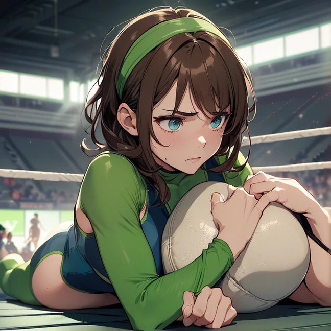 Master piece, best high quality image, carefully detailed details and textures, alone character, full view, HD, high resolution
{{(1character: 50 years old brown haired human woman noble: (fair skin, short straight brown hair, beautiful blue eyes, beautiful face, sharp eyebrows, voluptuous figure, big breasts, beautiful legs), (green headband, pale-green one-piece wrestler leotard, cleavage, green arm sleeves, dark-green fingerless gloves, green long wrestler boots, pale-green knee pads, pale-green elbow pads, short blue cloak), (alone and very tired, defeated, frustrated, fallen on the wrestling ring mat, breathing tired, sweating, recovering herself, pain), (wrestling ring, night show, wrestling aftermath))}}