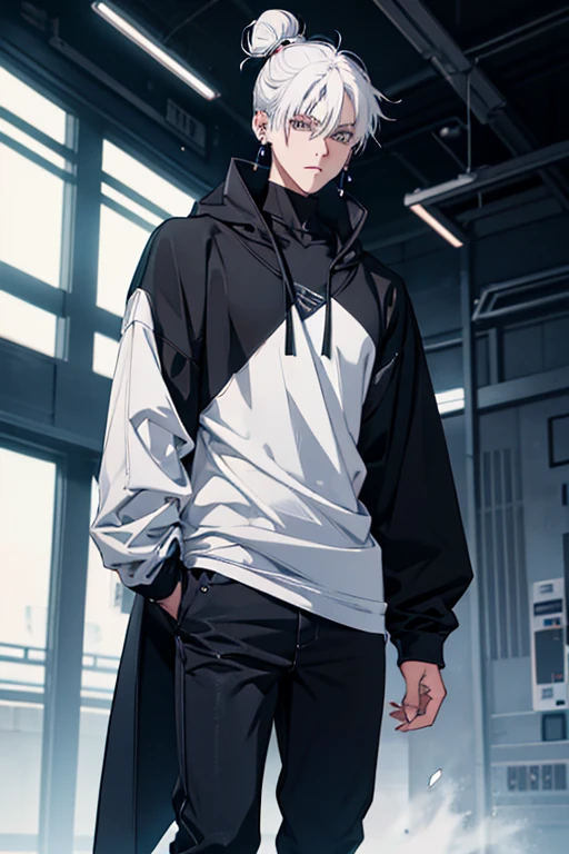 Anime man gradient young white hair short shaved sides flip hair bun to left side in middle serious face with black earrings black sweatshirt speed jeans futuristic clothes black dark circles big black hair big brown hair extremely futuristic clothes futuristic clothes skinny sweatshirt black jeans male cloak that covers the shoulders