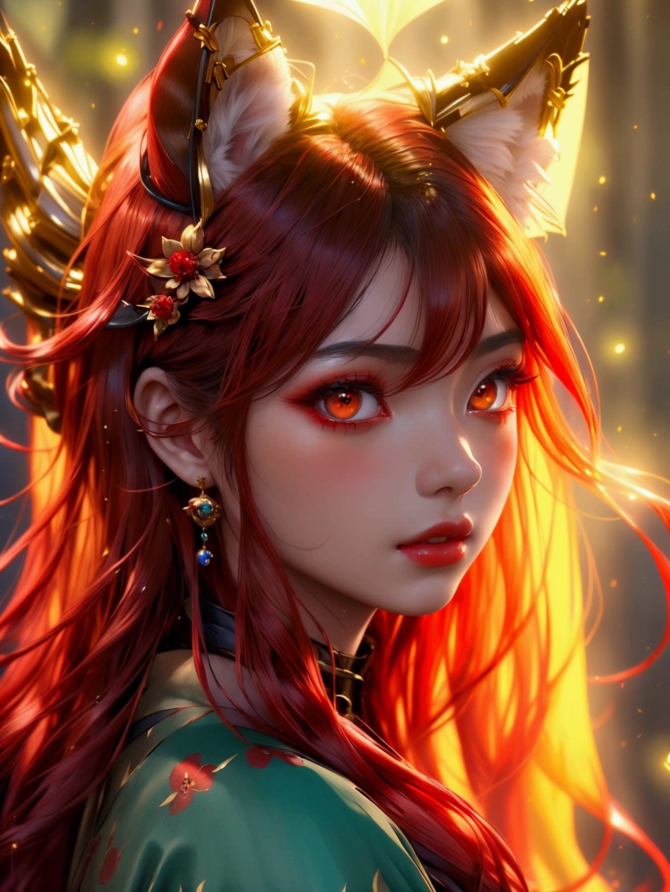 Beautiful scarlet wolf girl, Arnouveau style, fondness, scarlet Wolf ears, red hair is long, sunlight rays, airiness, grace, Floral ornament, хмурая, angry, chiffon, Silk, Correct eye proportions, Expressive yellow eyes, long eyelashes, plump wet lips, Texture skins for the face, A lot of air, higly detailed, Doubleexposure, 30 thousand..., hyper realisitc, Hi-Def, soft-lighting, looking at viewer, straight on, big beautiful eyes, ulzzang,