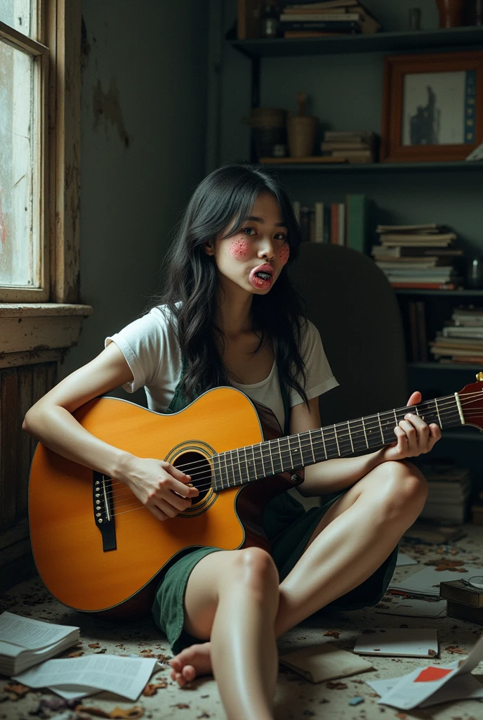 Mouths, 1 girl, Alone, in a messy room, guitar,