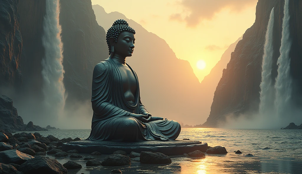 A long shot of a giant futuristic Buddha meditating on a distant alien world. Imagine a serene landscape,The boundless pure ocean, Reflecting the light in the night sky, Between the waterfalls, The rhythmic movement of the breath is synchronized with the gentle movement of the alien ocean. Subtle details,For example, the intricate design of a Jedi lightsaber, In harmony with the beauty of the surrounding paradise, Adding an extra layer of visual engagement., Scenic landscape, golden silver light.