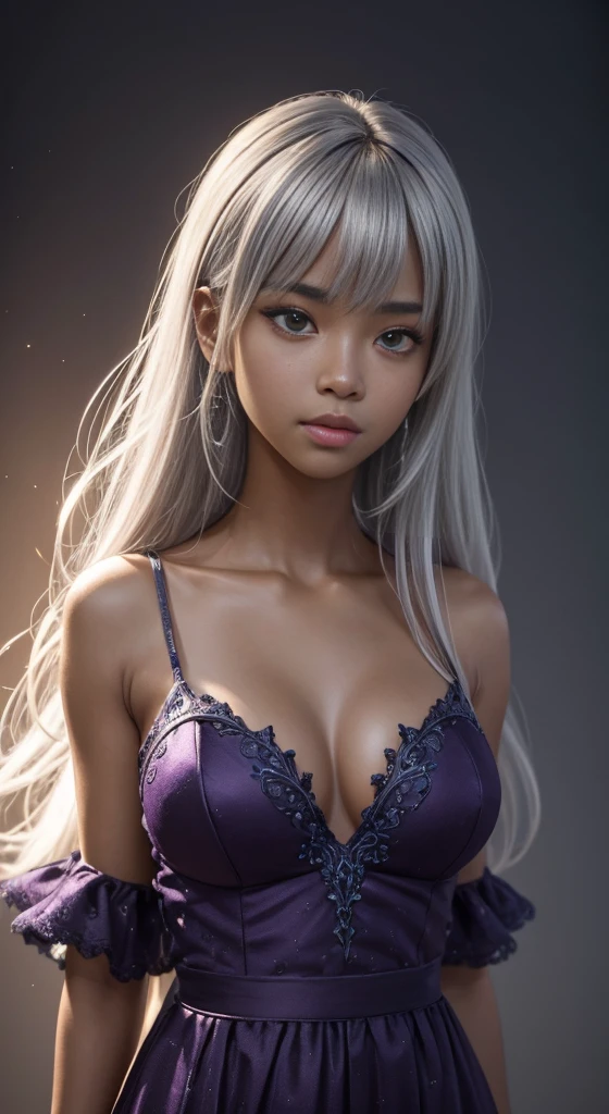 an upper body shot, adorable appearance, dark skin, Ultra-detailed and intricate 3D rendering of a beautiful anime character, Beautiful soft studio light, Rim Light, Vivid details,Gorgeous, race, Ultra-realistic, Silver Hair, bangs, Ultra-realisticな中世の世界で親密な部分を表現, a 10 years girl, in a dark purple dress, baby face, uhd, masterpiece, accurate, anatomically correct, beautiful face, perfect face, highly detailed beautiful face and eyes, attractive face, textured skin, super detail, high details, high quality, highres, best quality, 16K