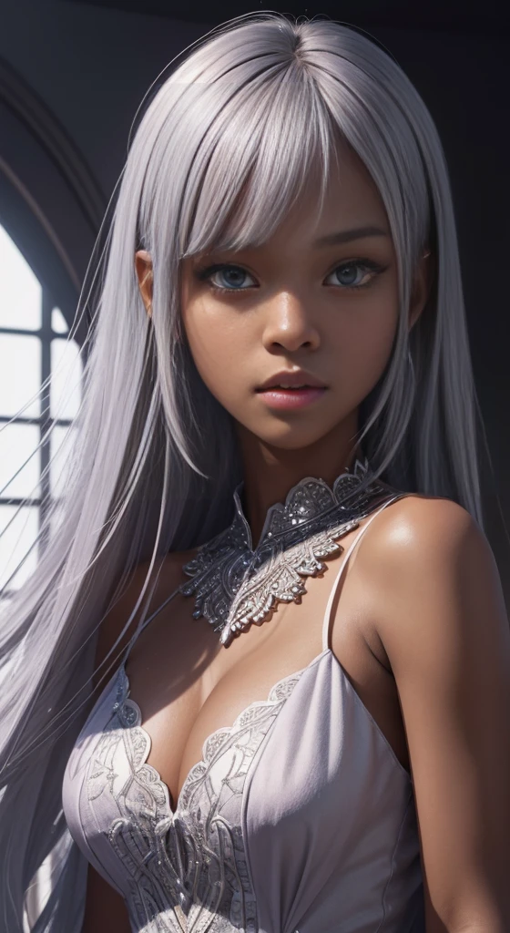 an upper body shot, adorable appearance, dark skin, Ultra-detailed and intricate 3D rendering of a beautiful anime character, Beautiful soft studio light, Rim Light, Vivid details,Gorgeous, race, Ultra-realistic, Silver Hair, bangs, Ultra-realisticな中世の世界で親密な部分を表現, a 10 years girl, in a dark purple dress, baby face, uhd, masterpiece, accurate, anatomically correct, beautiful face, perfect face, highly detailed beautiful face and eyes, attractive face, textured skin, super detail, high details, high quality, highres, best quality, 16K