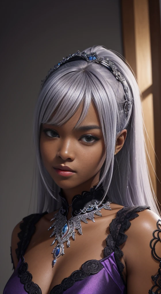 an upper body shot, adorable appearance, dark skin, Ultra-detailed and intricate 3D rendering of a beautiful anime character, Beautiful soft studio light, Rim Light, Vivid details,Gorgeous, race, Ultra-realistic, Silver Hair, bangs, Ultra-realisticな中世の世界で親密な部分を表現, a  girl, in a dark purple dress, baby facasterpiece, accurate, anatomically correct, beautiful face, perfect face, highly detailed beautiful face and eyes, attractive face, textured skin, super detail, high details, high quality, highres, best quality, 16K