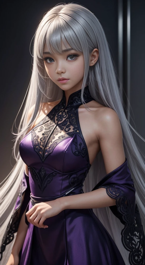 girl with white hair,with bangs, black gloves, purple clothes,4K, masterpiece, perfect body, stem,perfect eyes, perfect shading, perfect lighting, best quality, work of art, ultra detailed, detailed clothing