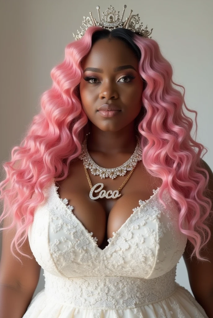 (photorealism:1.2), A realistic beautiful black plus size woman, wearing a wedding dress with iced out chain with the words COCO on it, with long curly pink hair