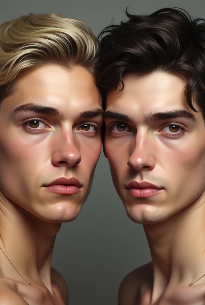 Create a couple of men, one of them 20 years old with a clean face, blonde hair brown eyes, profiled nose, and fair skin, full lips, the other 1 with black hair, dark eyes, turned up nose and a delicate face, Defined and delicate lips