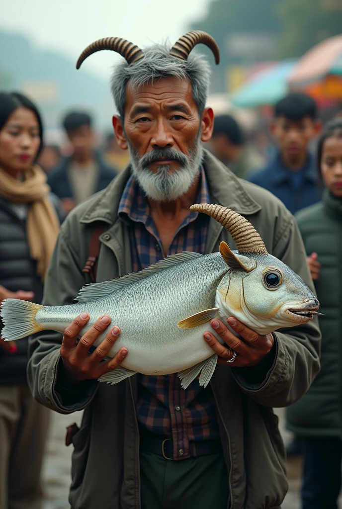 Photography of a goat, fish-bodied,held by an asian male fisherman,surrounded by many people, A young woman, kambing fish-bodied,remind (kambing fish-bodied.)).48KHD resolution,realistic,hyperrealistic,naturalistic,intricate details like real.