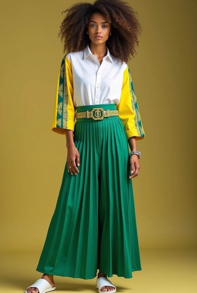 brazil uniforms, matcha green skirt with a white women's shirt with jaguar details on the sleeves and along with the skirt there is a belt that also has the jaguar aesthetic. on the feet white slippers.