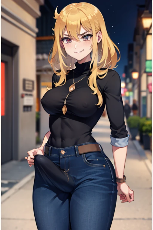 Cloth bulge, crotch bulge, cock bulge, tight jeans, female, futanari, evil, mean, bully, evil smile