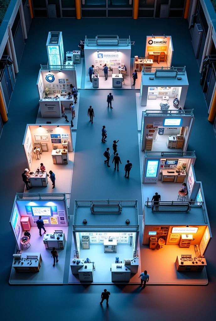 Creative layout of a trade fair with 10 stands, aerial view image, distributed in a rectangle 