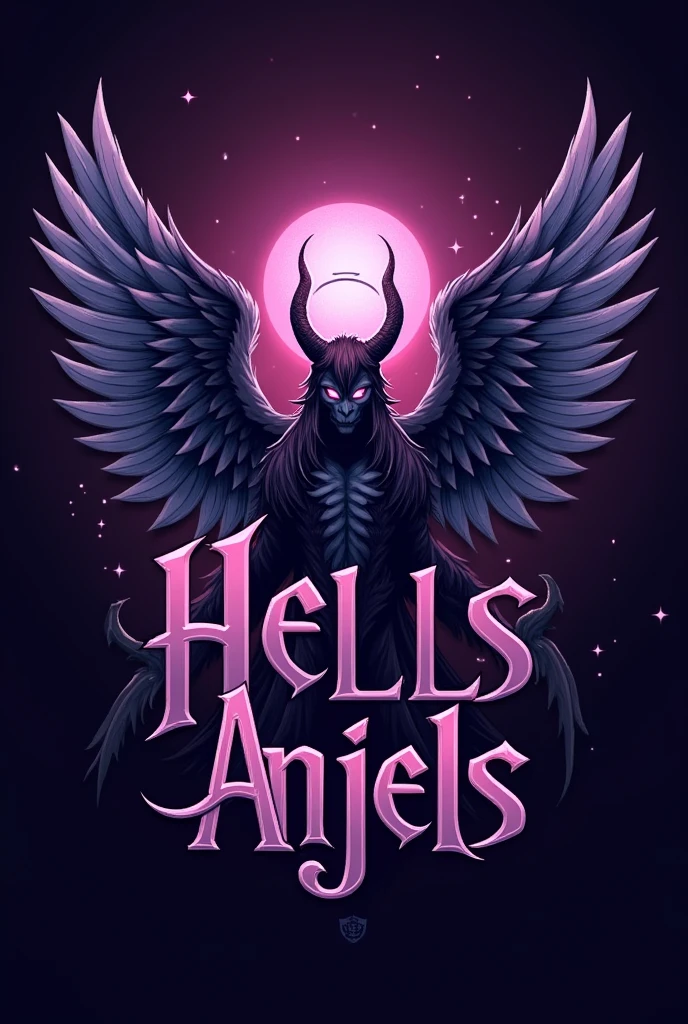 Create a purple logo that has the name HELLS ANJELS and an angel mixed with a demon 