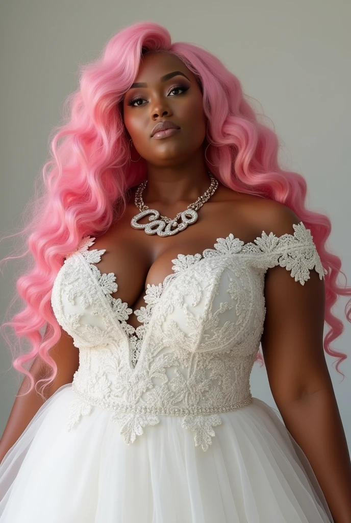 (photorealism:1.2), A realistic beautiful black plus size woman, wearing a wedding dress with iced out chain with the words COCO on it, with long curly pink hair