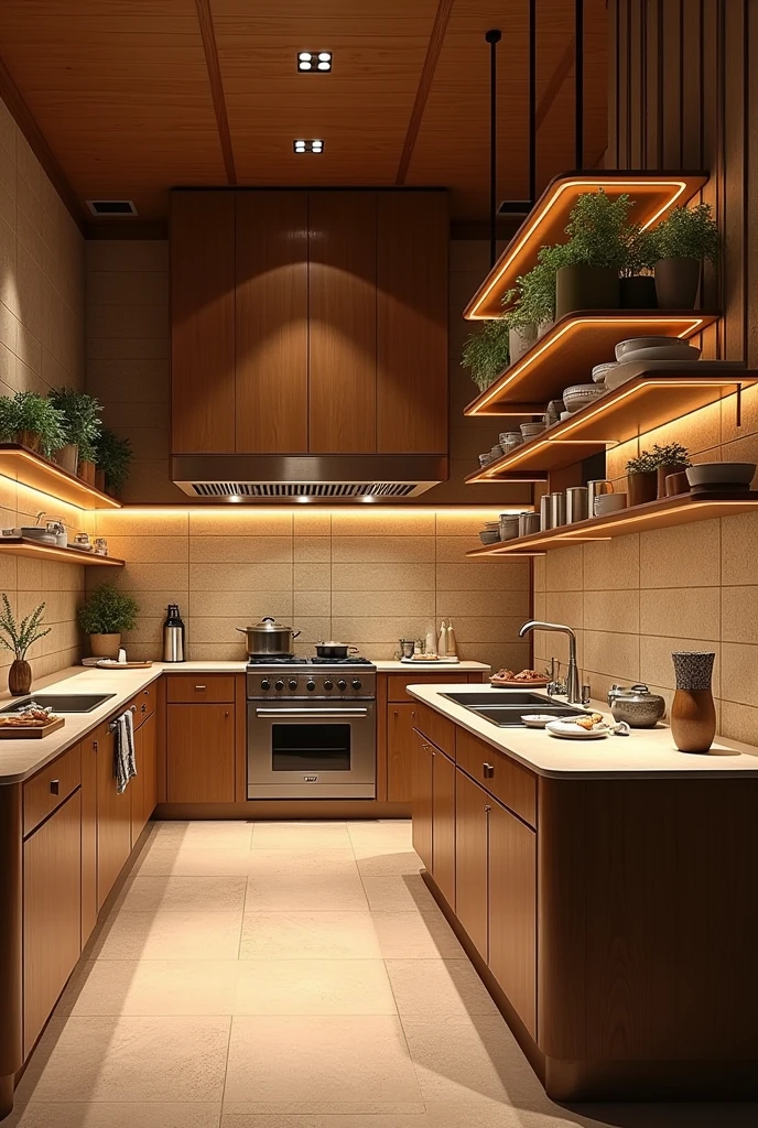 Make me a chef's kitchen for a restaurant, High quality materials such as ceramics or mosaics in warm tones such as beige . Consider light wood accents for furniture and accessories.
