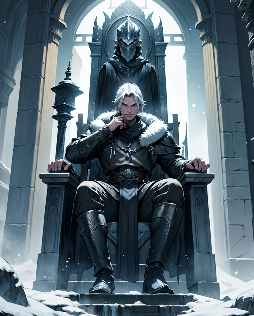 Please create a HD cover for my novel with a domineering man sitting on a throne with his legs spread.，This is its introduction：Winter is coming，The fate of Skyrim hangs by a thread。The Thalmor&#39;s cavalry tramples this ancient land，The shadow of the dragon looms over the world。And he，Relos，A humble bastard，But holds the power to change everything - the blood of the Dragonborn。 　　But it&#39;s not salvation he desires，But conquer。He will pave a bloody road to the pinnacle of power with iron, blood and fire，Stepping on the corpses of enemies，Ascend the  and cold throne。