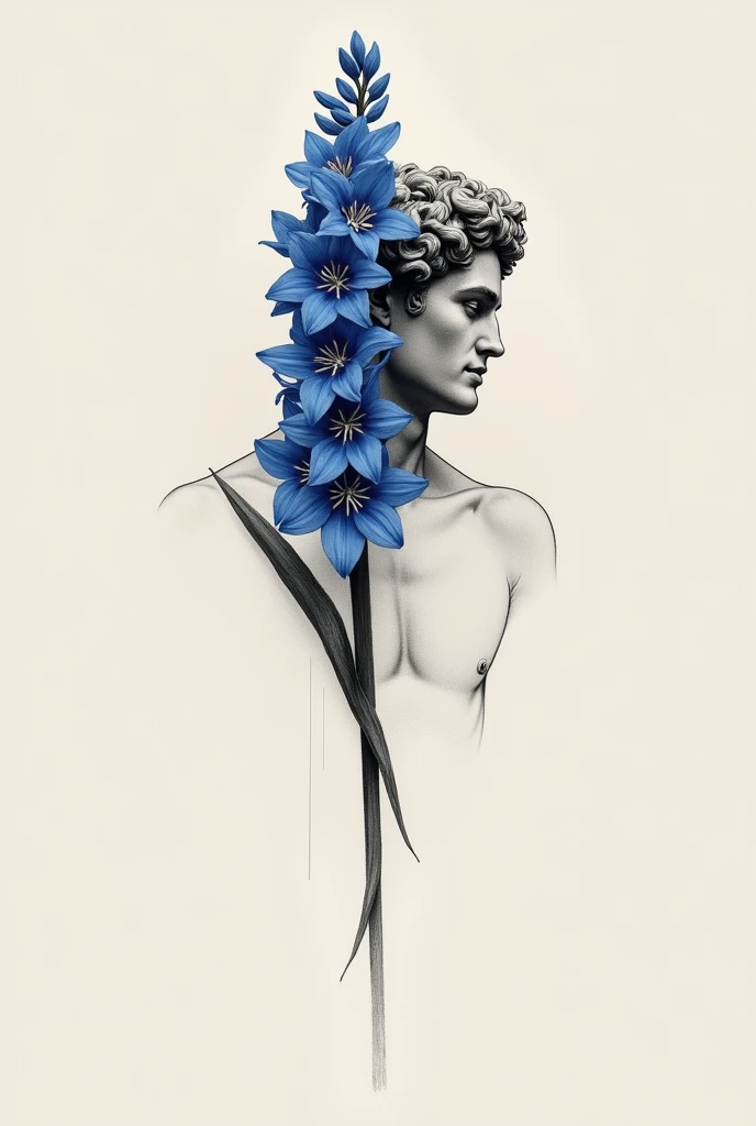 Create a minimalist tattoo design using charcoal technique of Apollo and blue hyacinth flower