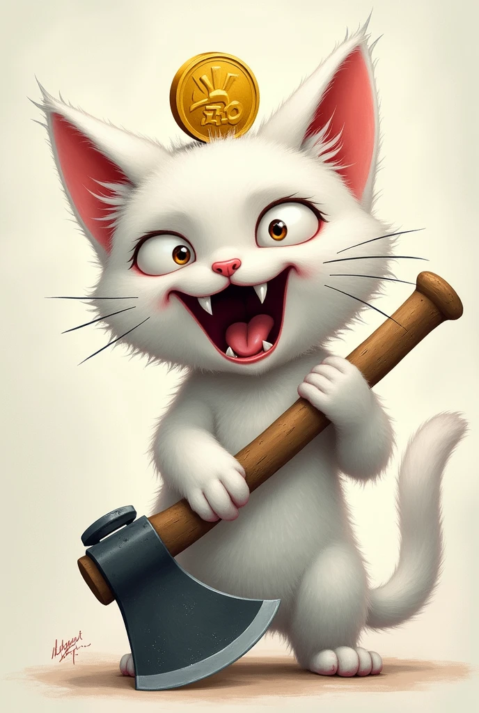 lucky cat,White in color and the typical golden coin on the head. The cat is lively./drawing The cat has an axe in his hand and his face is chilling