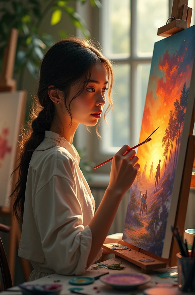 A young woman who is engaged in painting