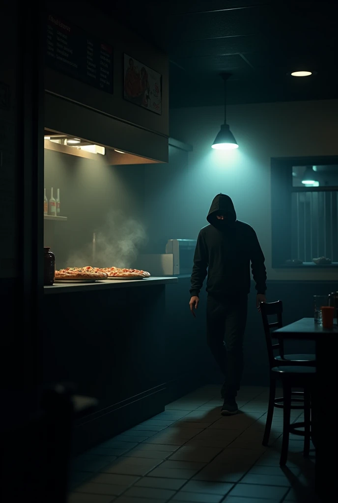 It's 11 pm and a restaurant is open and then two lights are on and a thief is stealing a pizza from the restaurant.