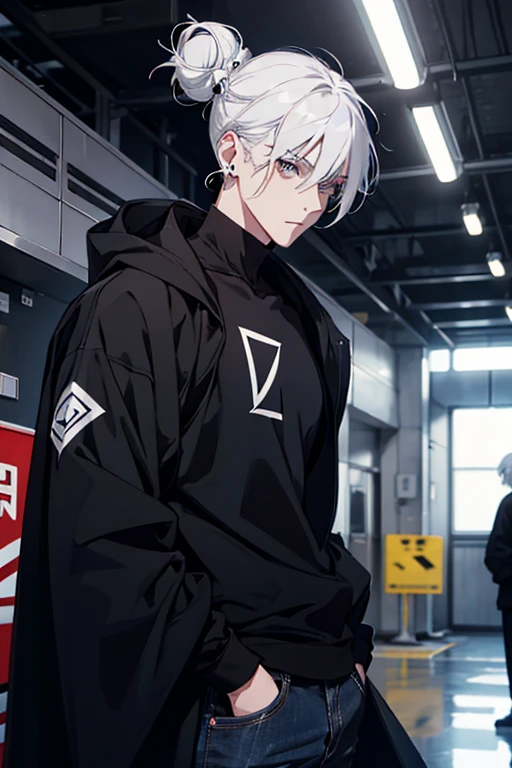 Anime man gradient young white hair short shaved sides flip hair bun to left side in middle serious face with black earrings black sweatshirt speed jeans futuristic clothes black dark circles big black hair big brown hair extremely futuristic clothes futuristic clothes skinny sweatshirt black jeans male cloak that covers the shoulders