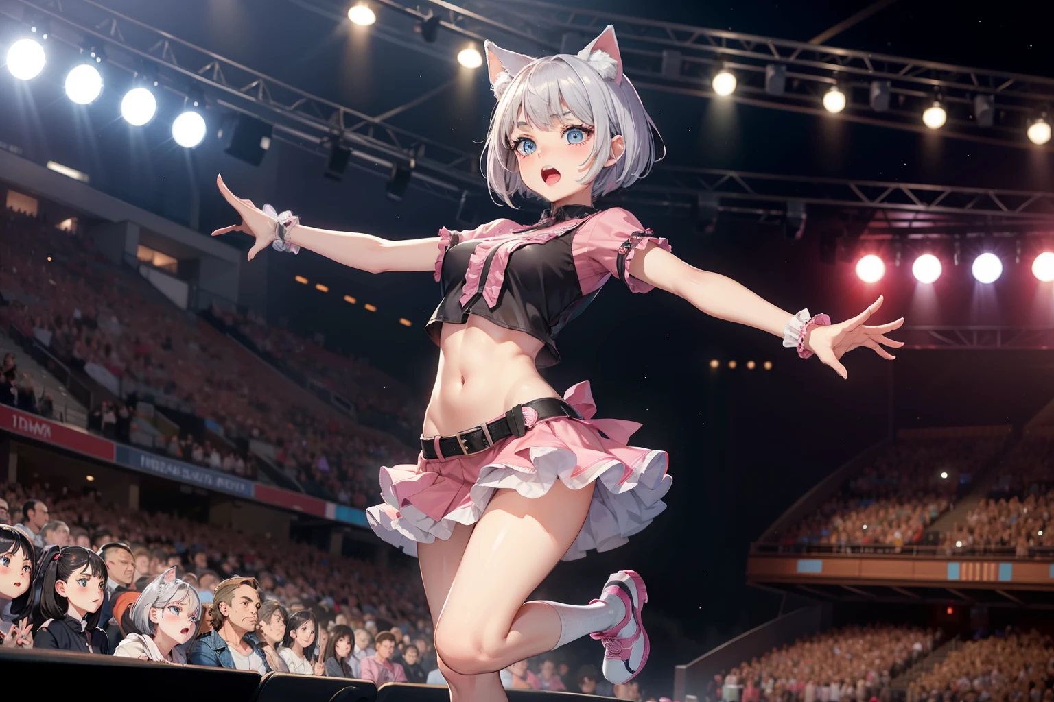 (masterpiece, best quality, High quality) BREAK (perfect anatomy), (expressive eyes, perfect face), 1girl, grey cat ears:1.6, medium hair, grey hair:1.6, pixie cut, big eyes, perfect eyes, blue eyes, thick eyelashes, thin eyebrow, short height, slim bulid, singing, open mouth, blush, medium breasts BREAK cropped idol pink shirt, low-rise idol pink mini skirt, dancing, concert stage BREAK ((night time, night)), (full body), panorama of stage, looking at viewer 