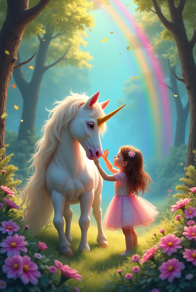 A drawing for a magical story of a little baby in a shiny dress, with long brown hair, who plays with a unicorn. May you have a rainbow and a forest full of colors