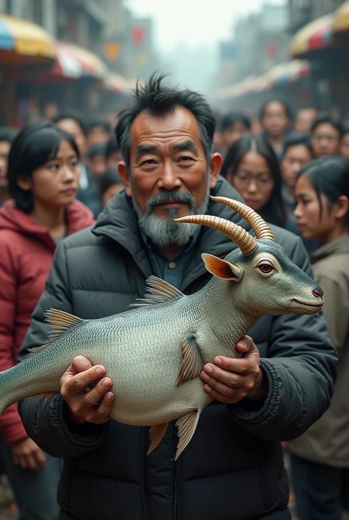 Photography of a goat, fish-bodied,held by an asian male fisherman,surrounded by many people, A young woman, kambing fish-bodied,remind (kambing fish-bodied.)).48KHD resolution,realistic,hyperrealistic,naturalistic,intricate details like real.
