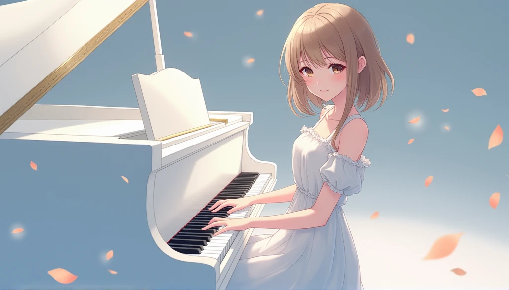 Woman with light brown hair and eyes, Anime version playing the white piano 