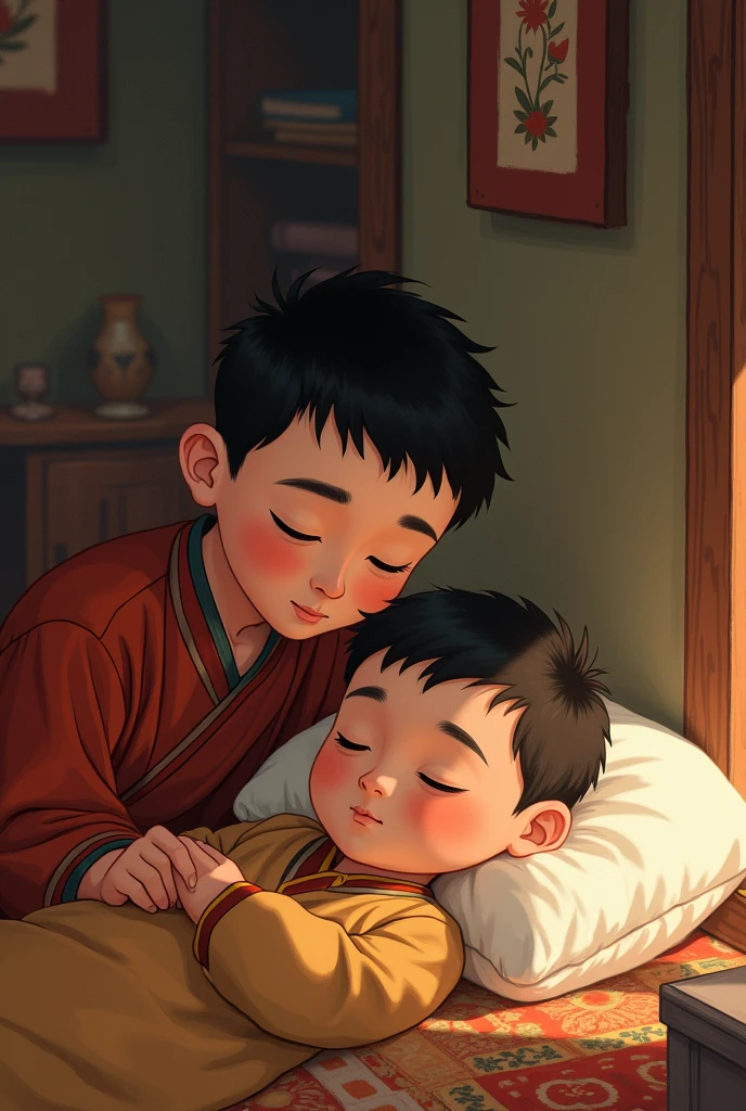 Elder little Bhutanese brother waking up his little brother
