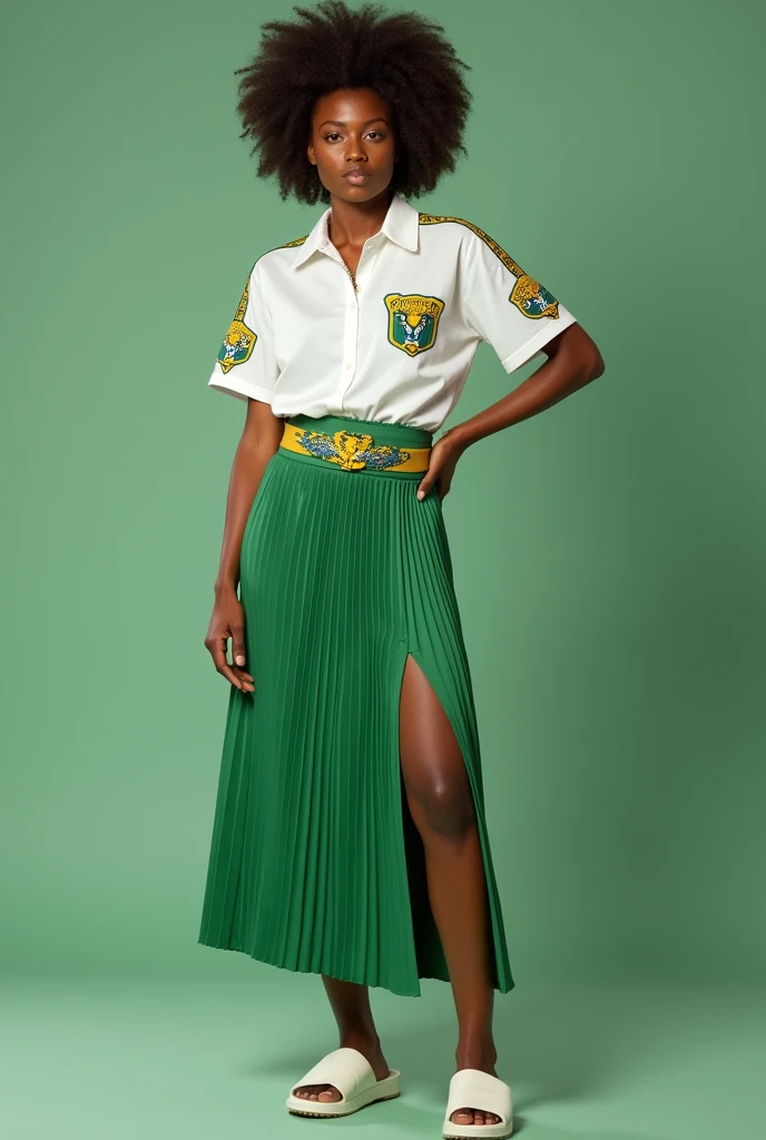 brazil uniforms, matcha green skirt with a white women's shirt with jaguar details on the sleeves and along with the skirt there is a belt that also has the jaguar aesthetic. on the feet white slippers.