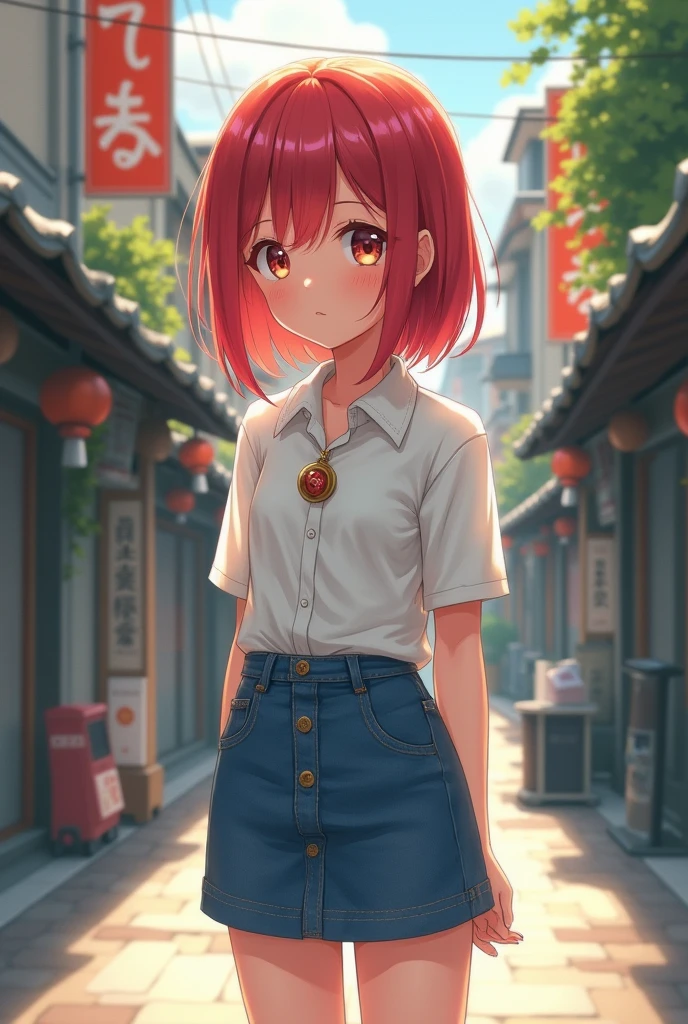 2D, masterpiece, best quality, Japanese cartoons, The face is rich in detail, Very detailed eyes, Very detailed background, Perfect lighting, 1 Girl, Solitary, whole body, permanent, Denim skirt, White shirt, Red hair, amulet