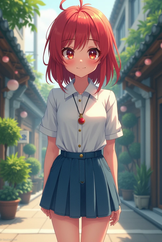 2D, masterpiece, best quality, Japanese cartoons, The face is rich in detail, Very detailed eyes, Very detailed background, Perfect lighting, 1 Girl, Solitary, whole body, permanent, Denim skirt, White shirt, Red hair, amulet