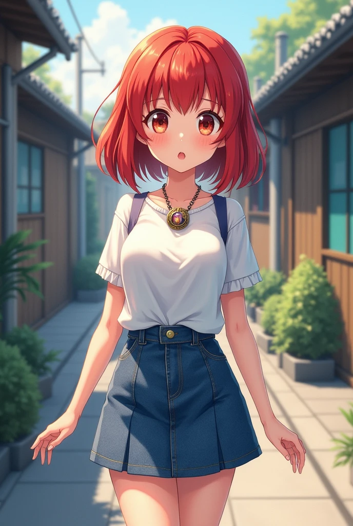 2D, masterpiece, best quality, Japanese cartoons, The face is rich in detail, Very detailed eyes, Very detailed background, Perfect lighting, 1 Girl, Solitary, whole body, permanent, Denim skirt, White shirt, Red hair, amulet