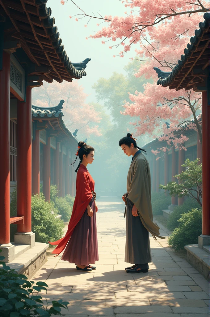 Background: Start with an ancient Chinese courtyard setting. Picture traditional wooden pillars, a stone pathway leading through the courtyard, and a few blossoming cherry or plum trees. The courtyard should have a serene and peaceful ambiance, despite the tension in the discussion.Lighting: Use soft, natural daylight filtering through the trees, casting gentle shadows on the ground. This will add a sense of calmness to the scene.