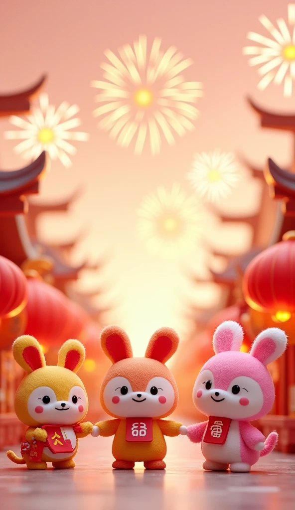 Q version of the super cute Spring Festival Fuwa,pop bazaar, Smart eyes,Carry Chinese blessing calligraphy and paintings with you, Fireworks bloom in the sky, Glossy and delicate,Clean background, 3D rendering of,adolable