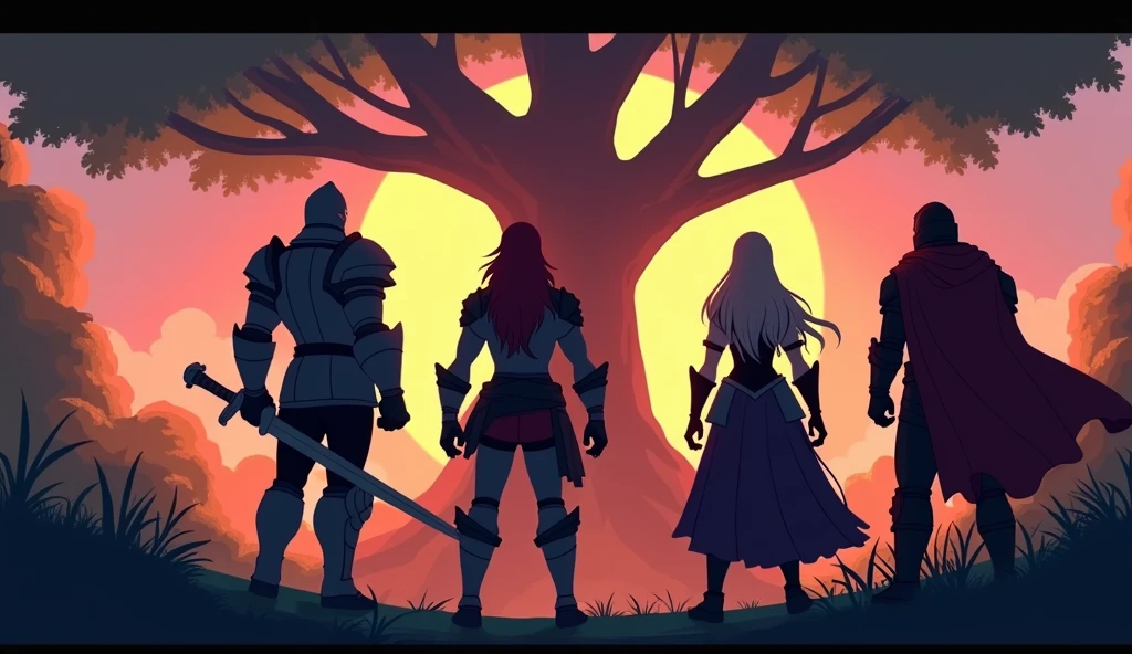 
"action movie shot, four heroes from the back, knight, mage, healer, assassin, cartoonish pixel style, no face details, large tree in the background, dynamic poses, intense atmosphere, vibrant colors, sunset colors, dramatic lighting, [heroic silhouettes], [adventurous setting], [epic backdrop], [action-packed scene], [strong composition]"