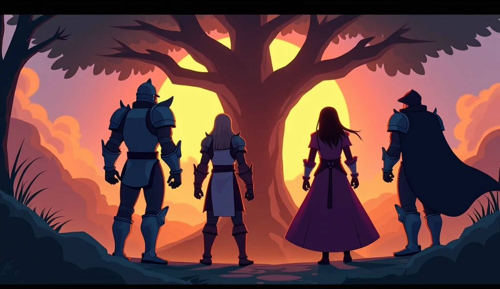 
"action movie shot, four heroes from the back, knight, mage, healer, assassin, cartoonish pixel style, no face details, large tree in the background, dynamic poses, intense atmosphere, vibrant colors, sunset colors, dramatic lighting, [heroic silhouettes], [adventurous setting], [epic backdrop], [action-packed scene], [strong composition]"