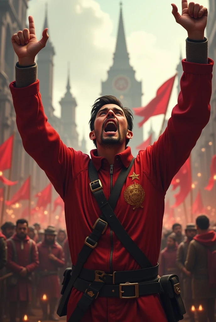 A communist man ((de 25 anos)) with predominantly red clothes declaiming. RPG theme.