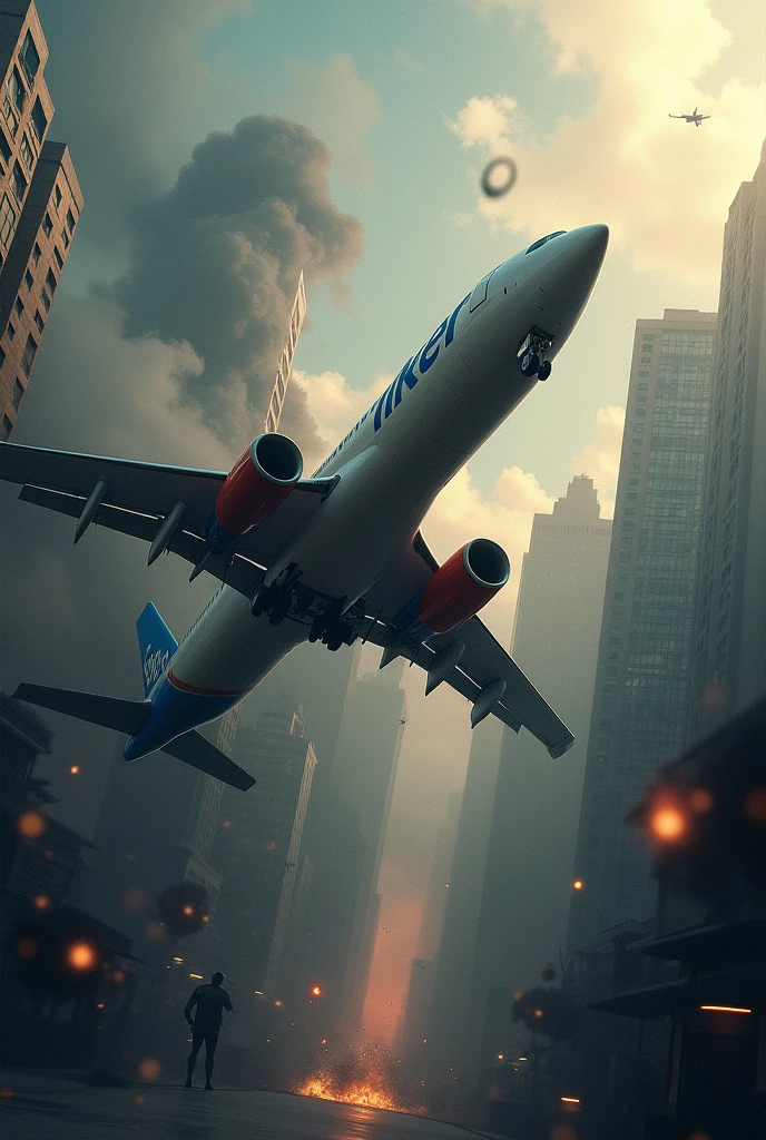 Image with a commercial plane in the background with the name Iker crashing into a building
