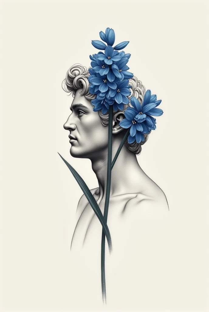 Create a minimalist tattoo design using charcoal technique of Apollo and blue hyacinth flower