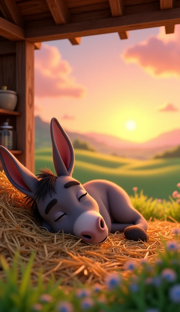Draw a donkey sleeping peacefully on a pile of straw in a roofed stable on a farm. The farm should be picturesque and detailed, with green fields and a sunrise sky with soft orange and pink tones, in a 3D animated style.