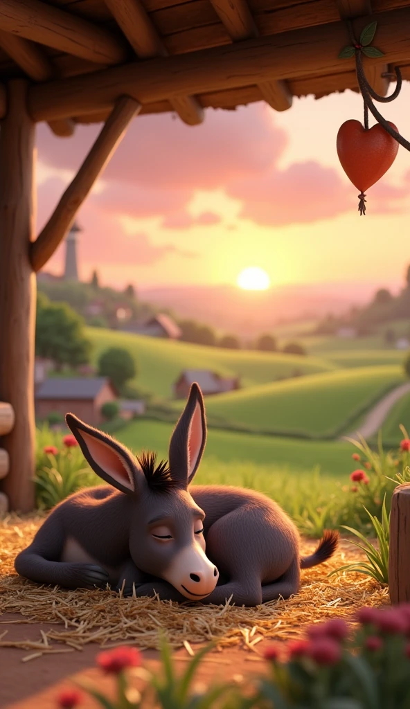 Draw a donkey sleeping peacefully on a pile of straw in a roofed stable on a farm. The farm should be picturesque and detailed, with green fields and a sunrise sky with soft orange and pink tones, in a 3D animated style.